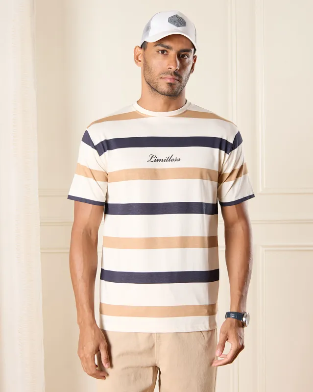 Men Beige Striped T-Shirt sold by Redtag