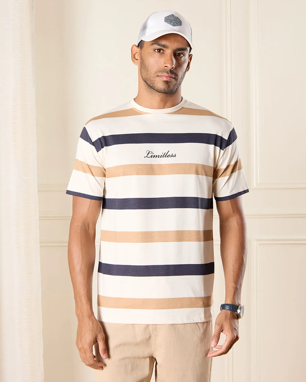 Men Beige Striped T-Shirt sold by Redtag