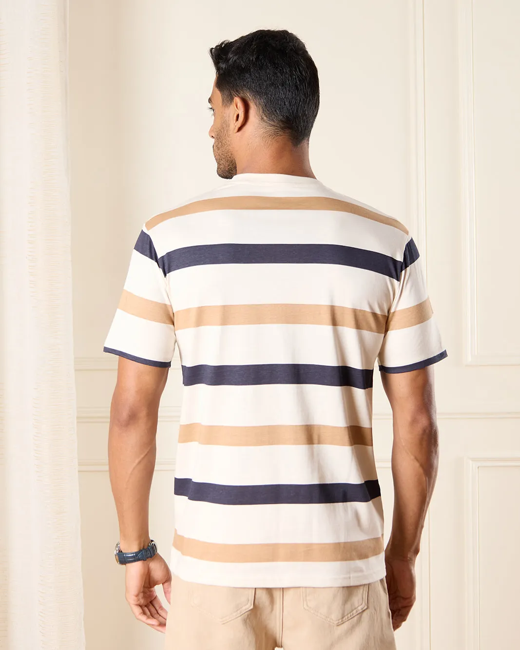 Men Beige Striped T-Shirt sold by Redtag product image thumbnail 3