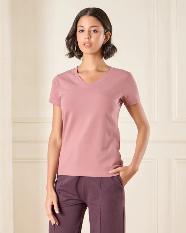 Women Lilac Short Sleeve V Neck T-Shirt sold by Redtag