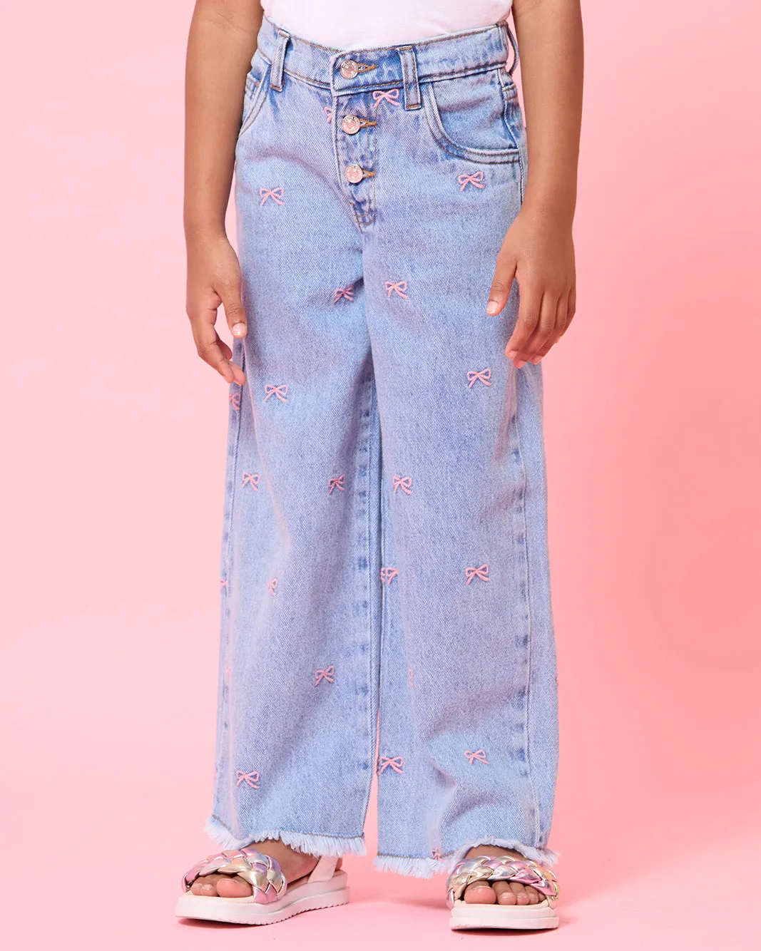 Girls Blue All Over Embroidery Wide Leg Jeans sold by Redtag