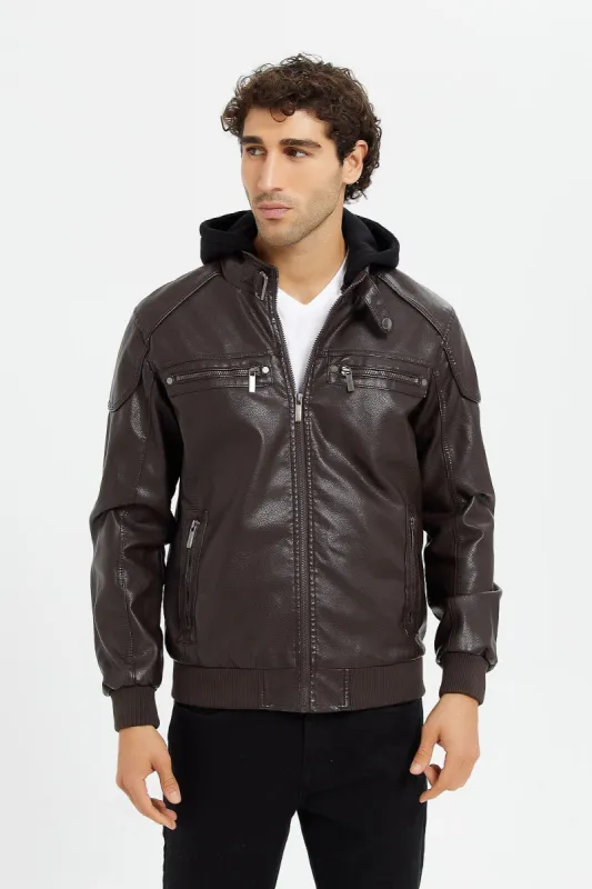 Men Brown Hooded Biker Jacket sold by Redtag