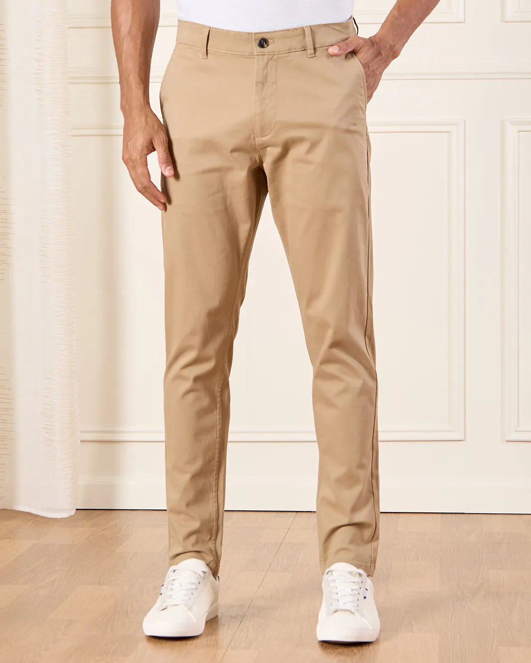 Men Beige Slim Fit Chino Trousers sold by Redtag
