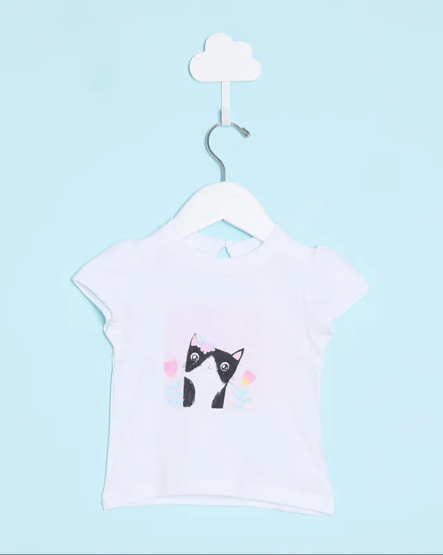 Infant Girls White Cat Print T-Shirt sold by Redtag