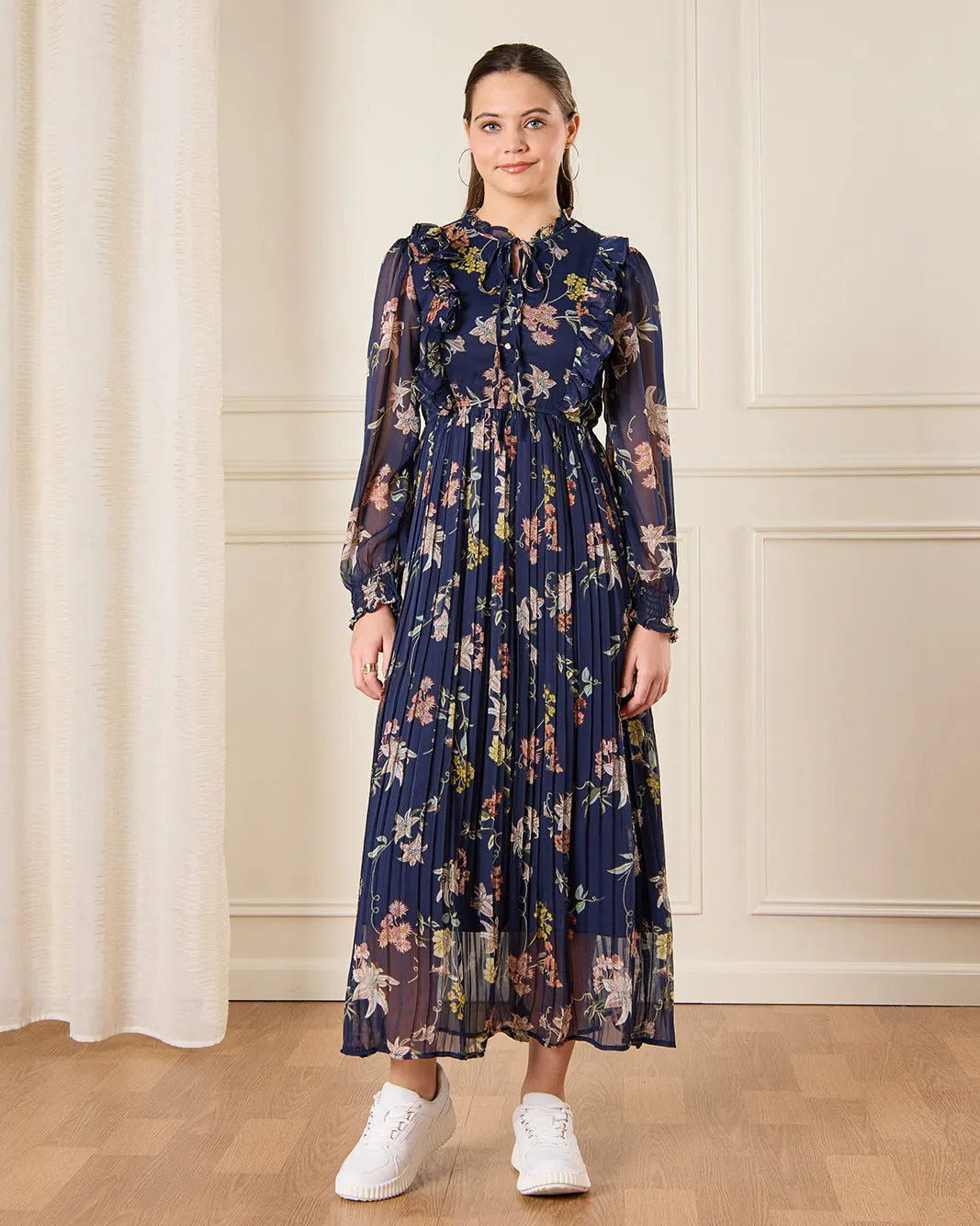 Senior Girls Navy Floral Maxi Pleated Dress sold by Redtag