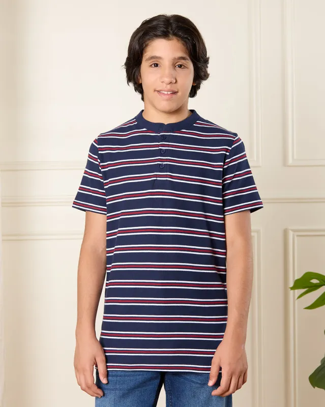 Senior Boys Navy Striped Polo Shirt sold by Redtag