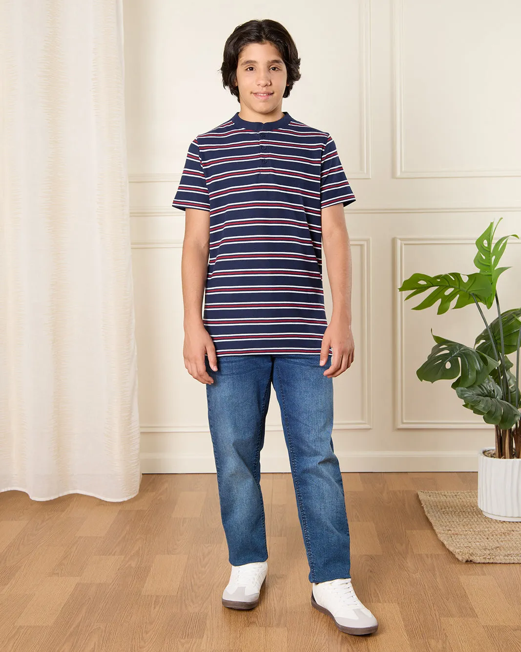 Senior Boys Navy Striped Polo Shirt sold by Redtag product image thumbnail 2