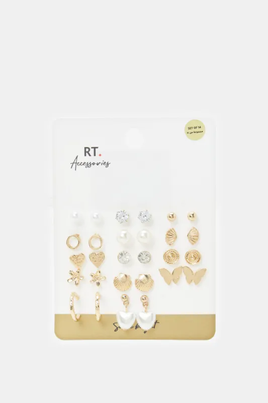 Women Gold Embellished Stud Set (14 Pair) sold by Redtag