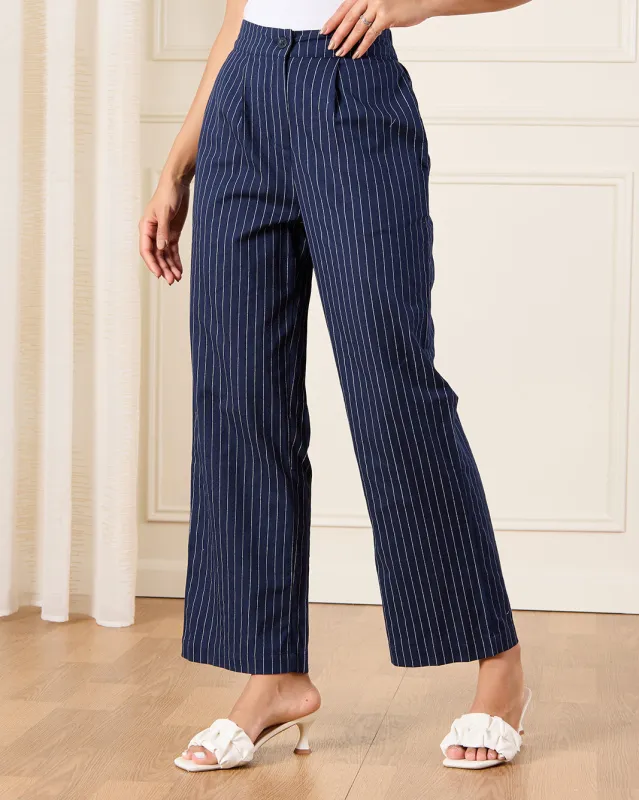 Women Navy Striped Wide Leg Trousers sold by Redtag