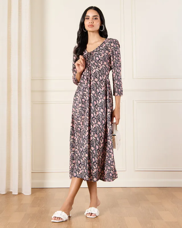 Women Navy Printed Front Ruched Dress sold by Redtag