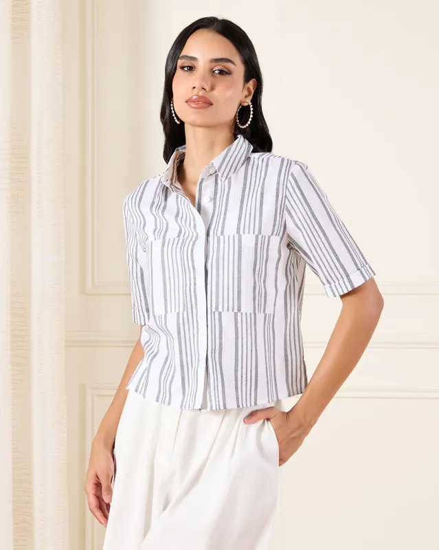 Women White Striped Linen Shirt sold by Redtag