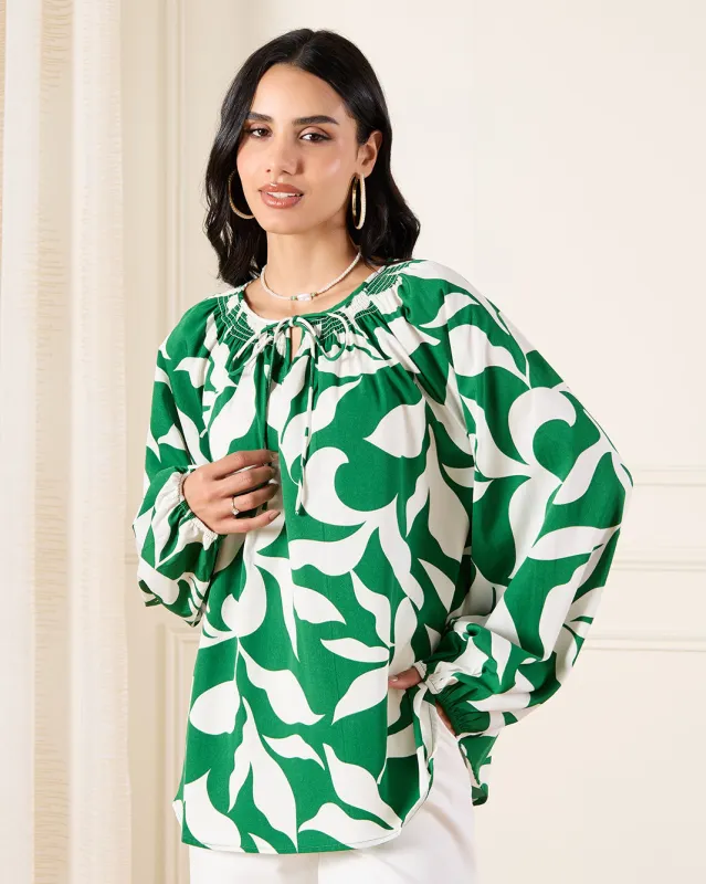 Women Green Printed Volume Sleeve Blouse sold by Redtag