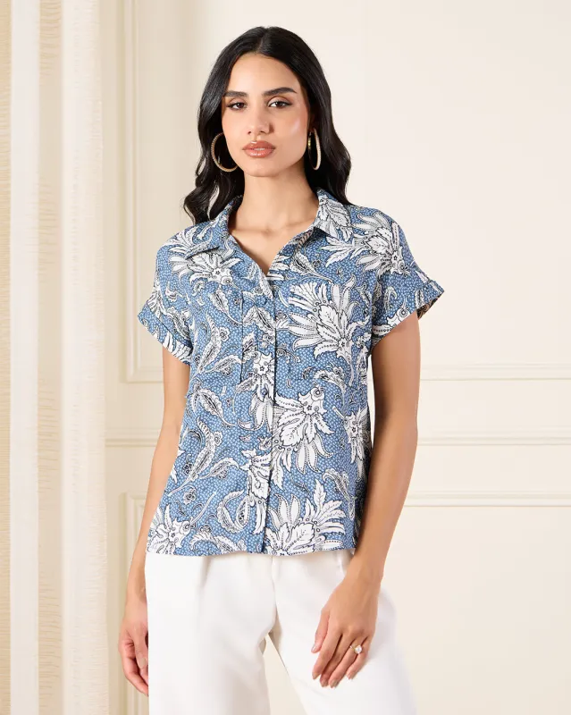 Women Blue Printed Button Down Shirt sold by Redtag