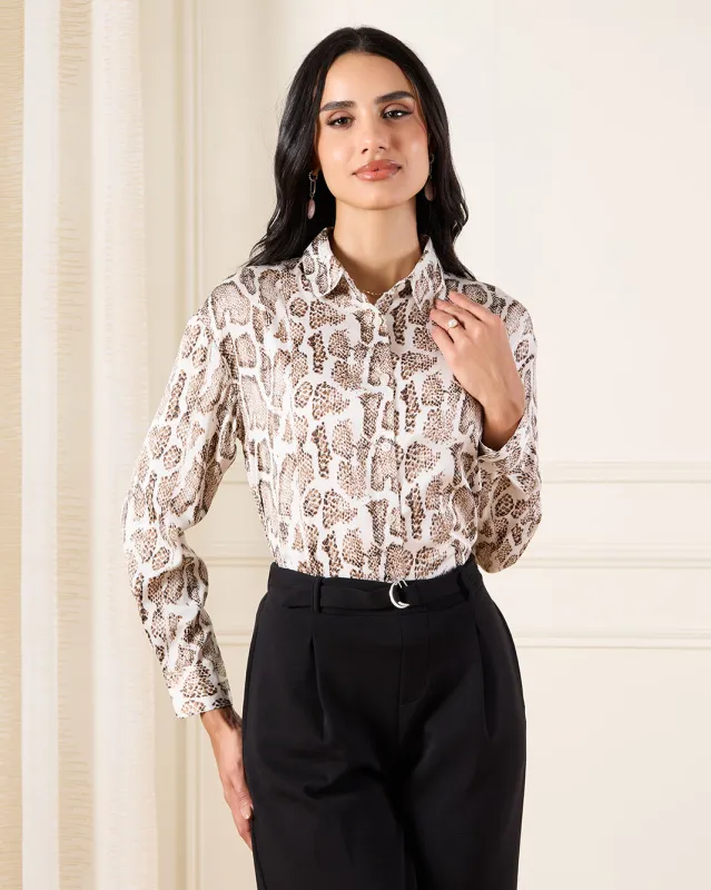Women Beige Printed Full Sleeve Satin Shirt sold by Redtag