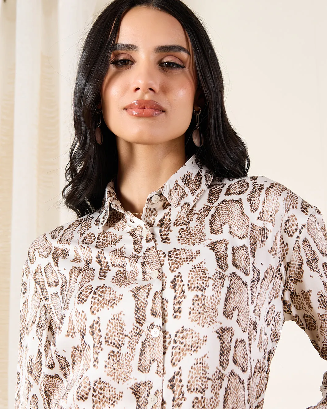Women Beige Printed Full Sleeve Satin Shirt sold by Redtag product image thumbnail 4