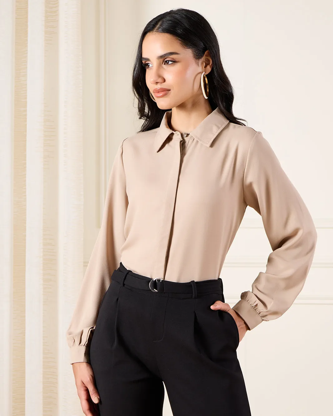 Women Beige Detailed Long Shirt sold by Redtag