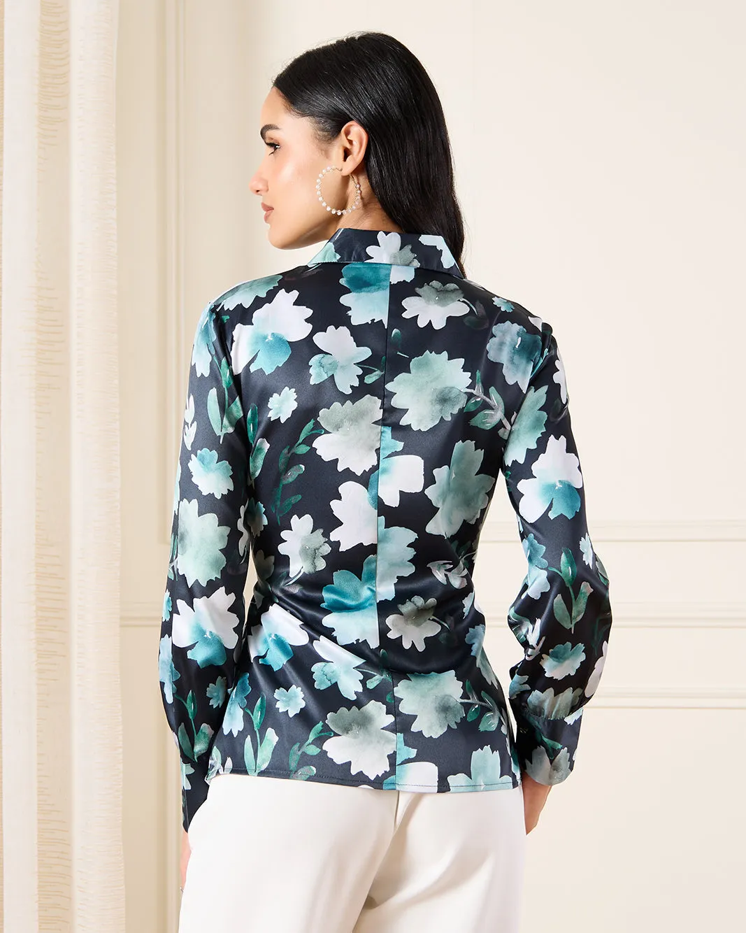 Women Blue Printed Satin Wrap Detailed Shirt sold by Redtag product image thumbnail 3