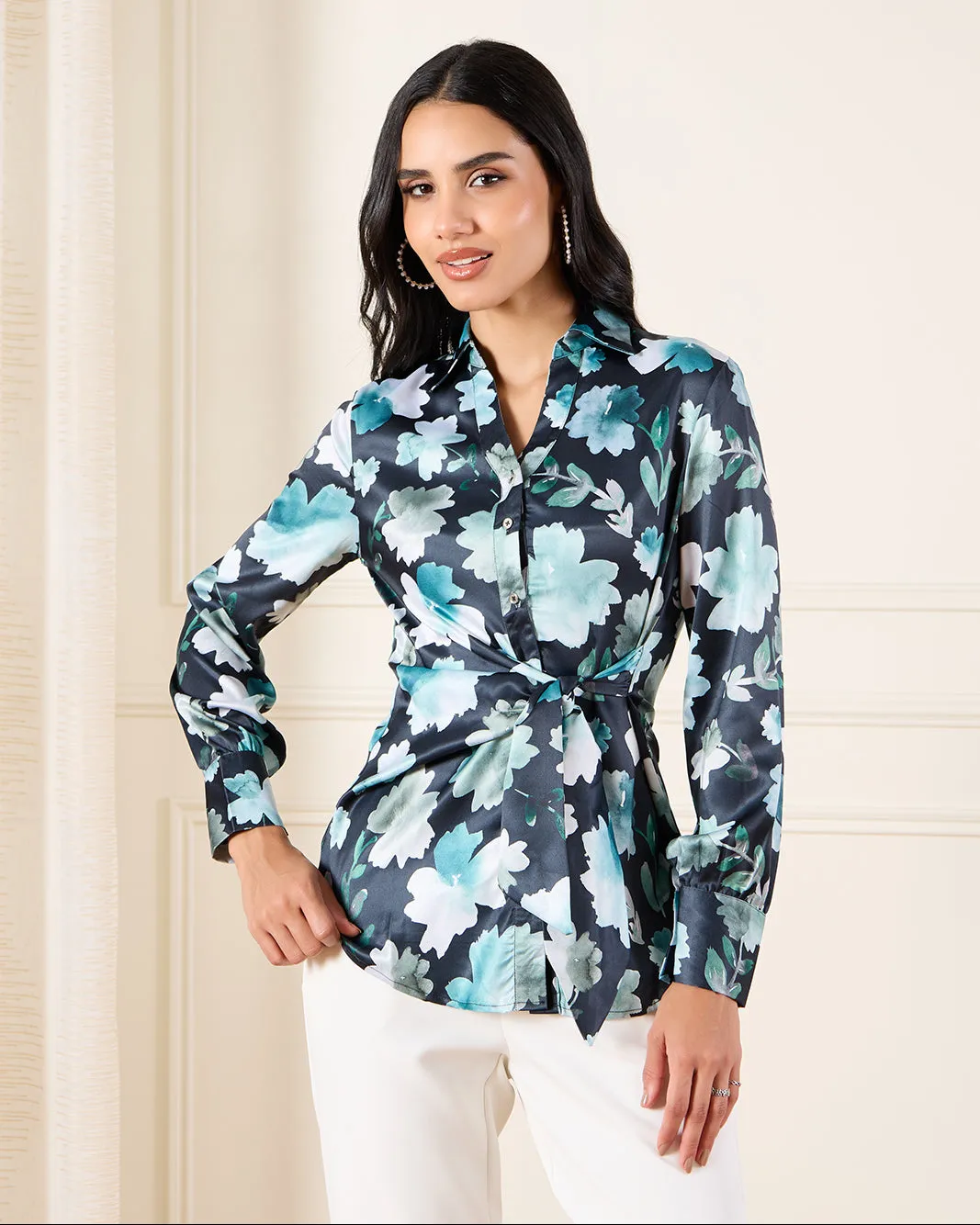 Women Blue Printed Satin Wrap Detailed Shirt sold by Redtag