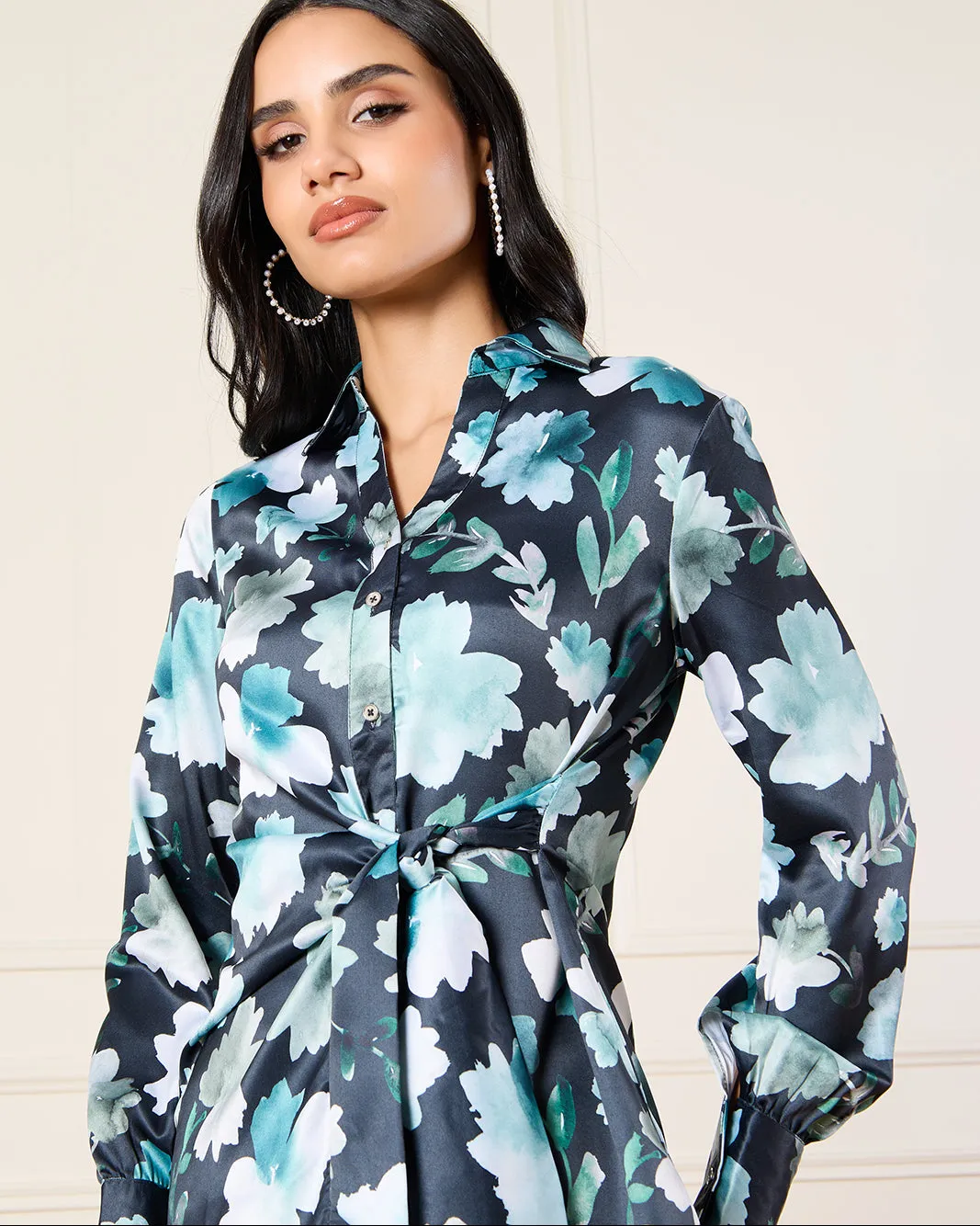Women Blue Printed Satin Wrap Detailed Shirt sold by Redtag product image thumbnail 4