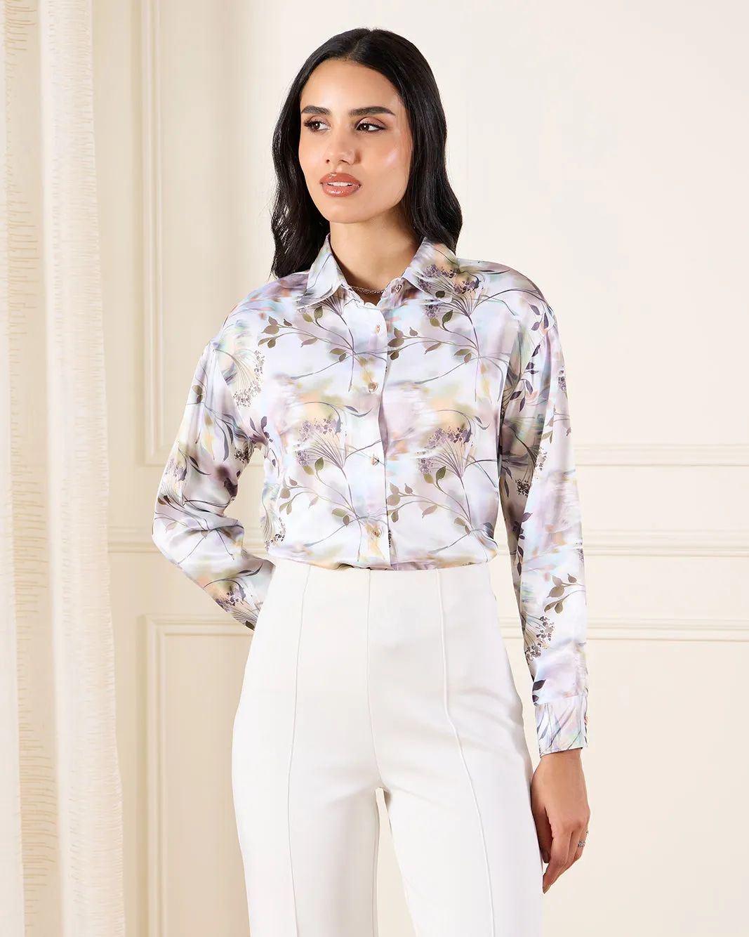 Women White Printed Satin Shirt sold by Redtag
