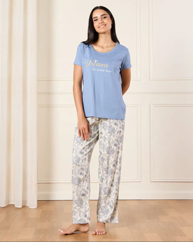 Women Blue Printed Payjama Set (2 Piece) sold by Redtag