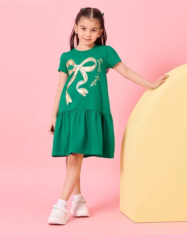 Girls Green Bow Placement Print Dress sold by Redtag