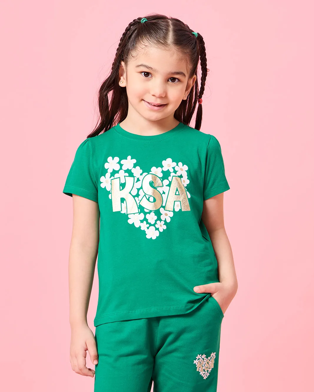 Girls Green Love KSA Placement Print T-Shirt sold by Redtag