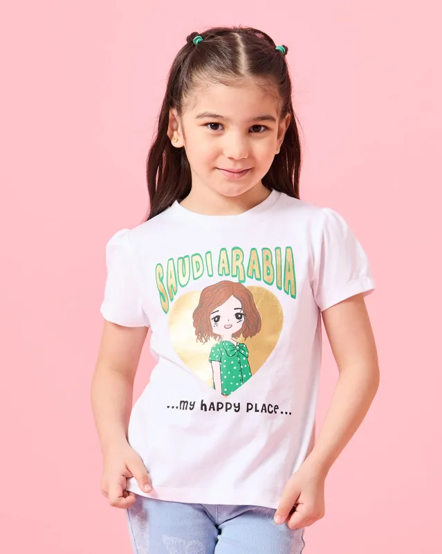 Girls White My Happy Place Saudi Arabia Placement Print  T-Shirt sold by Redtag