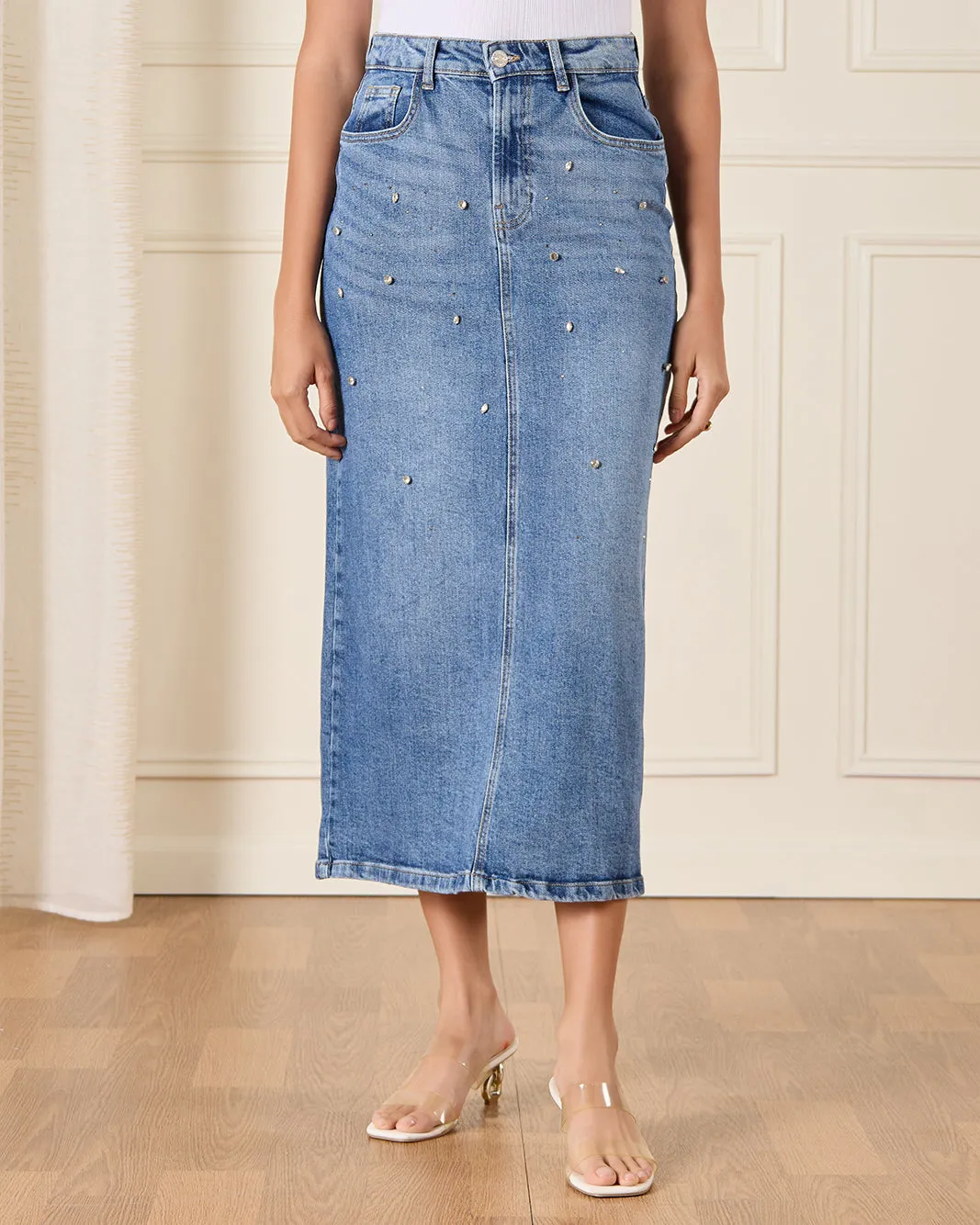 Women Blue Embellished Denim Skirt sold by Redtag