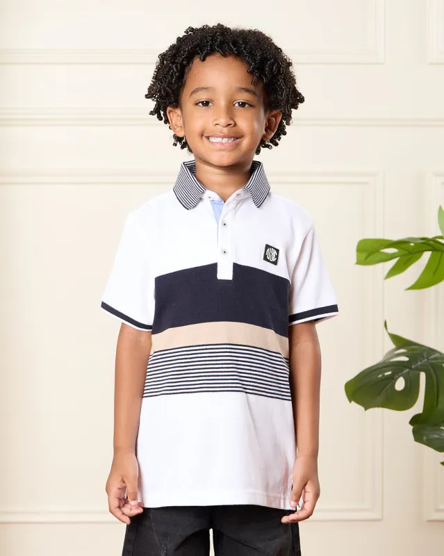 Boys White Striped Polo Shirt sold by Redtag
