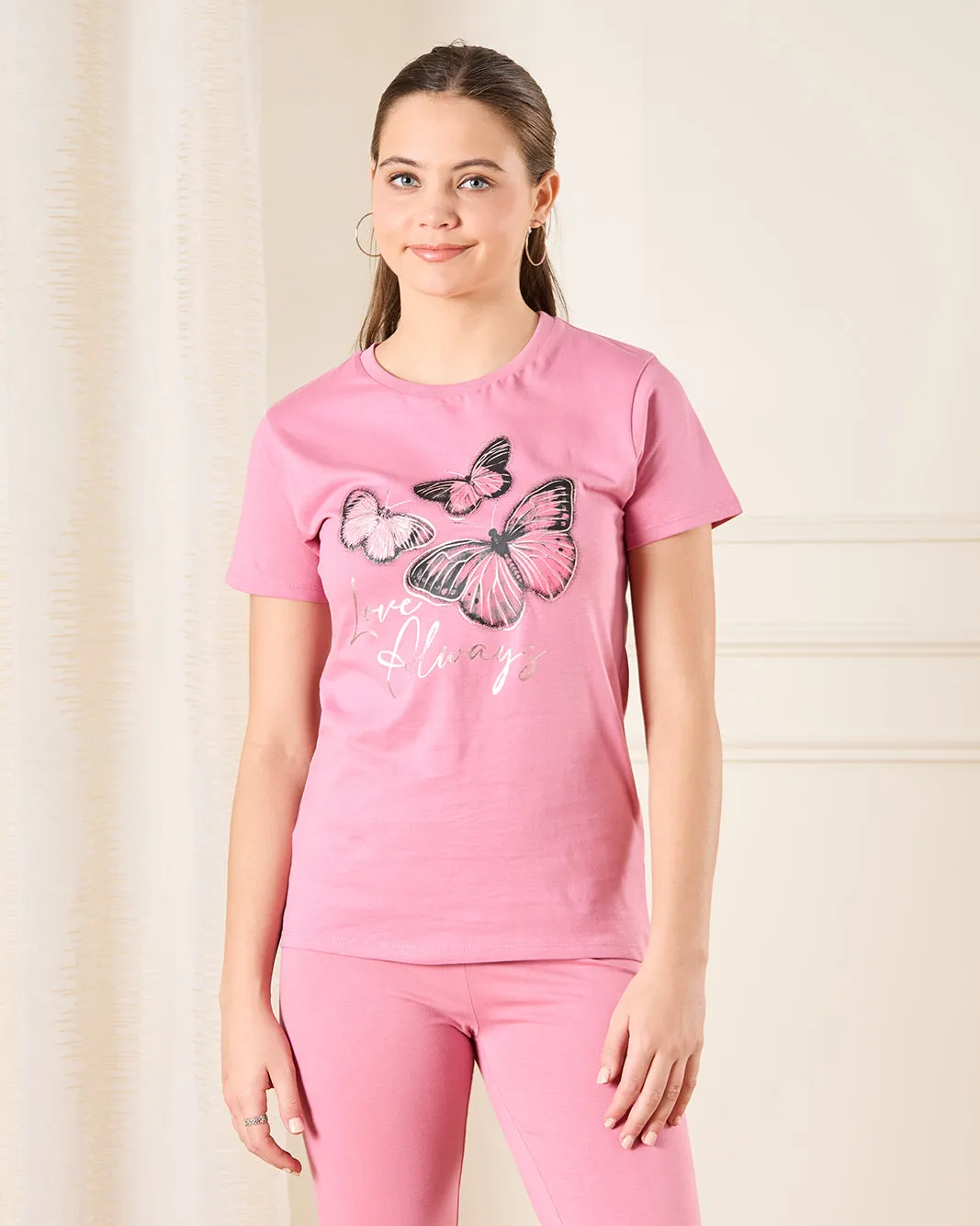 Senior Girls Pink Butterfly Print T-Shirt sold by Redtag