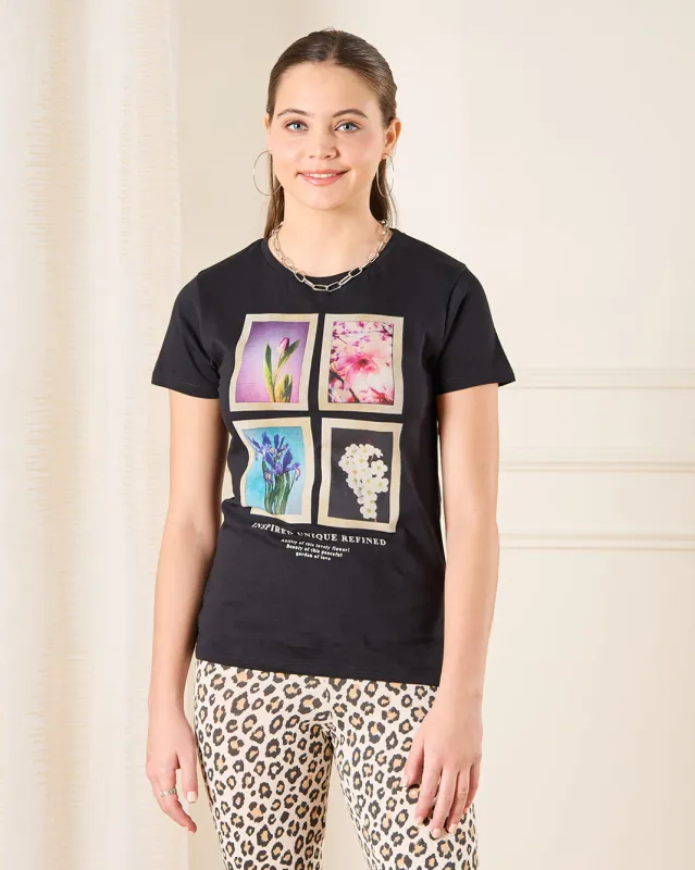 Senior Girls Black Floral Print T-Shirt sold by Redtag