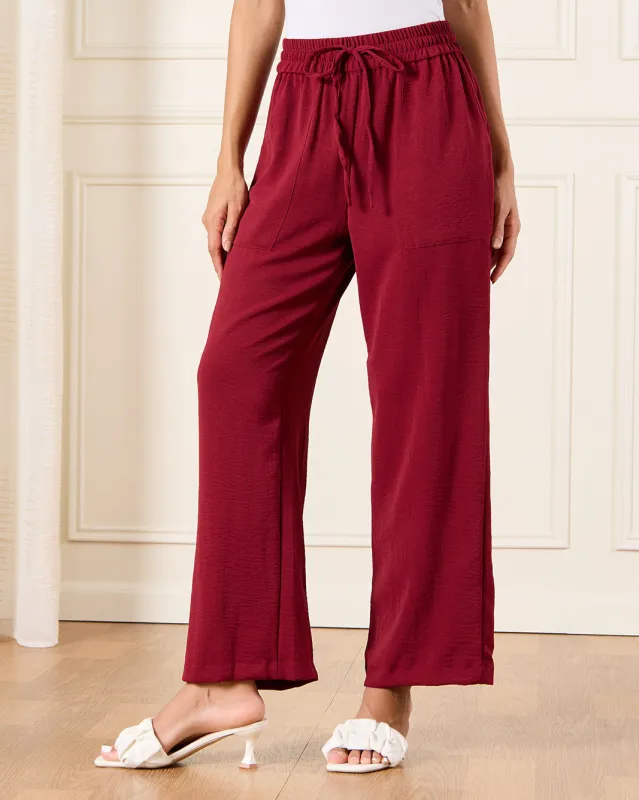 Women Burgundy Wide Leg Pull On Trousers made by Redtag