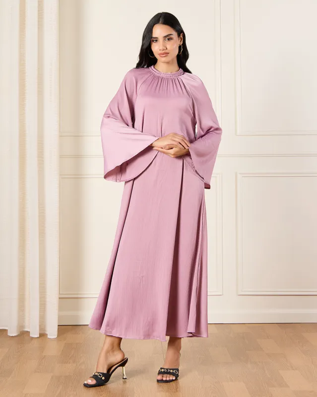 Women Mauve Braded Neck Detailed Kaftan Dress sold by Redtag