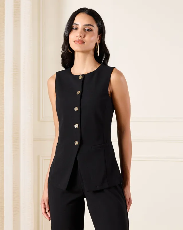 Women Black Button Down Pocket Detail Long Vest sold by Redtag