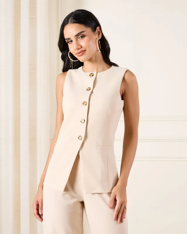 Women Beige Button Down Pocket Detail Long Vest sold by Redtag