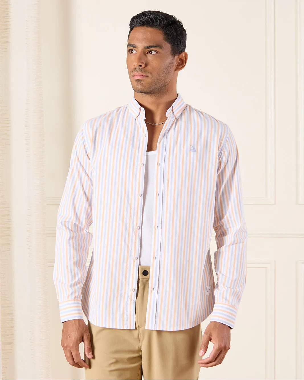 Men Orange Striped Shirt sold by Redtag