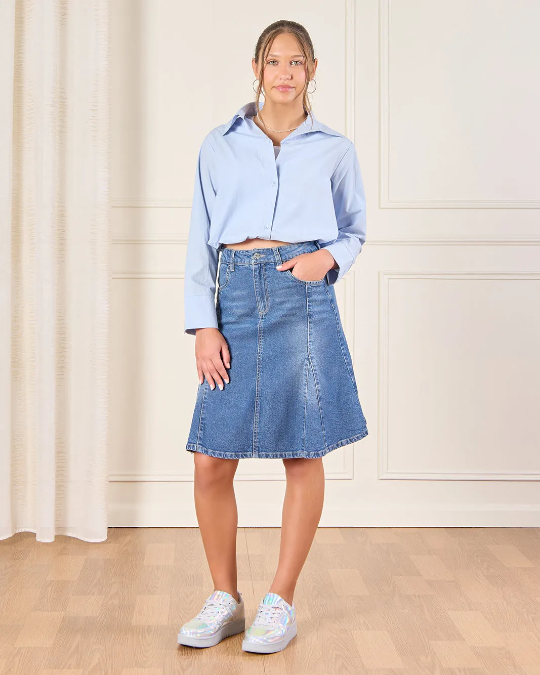 Senior Girls Blue Denim Flared Skirt sold by Redtag product image thumbnail 2