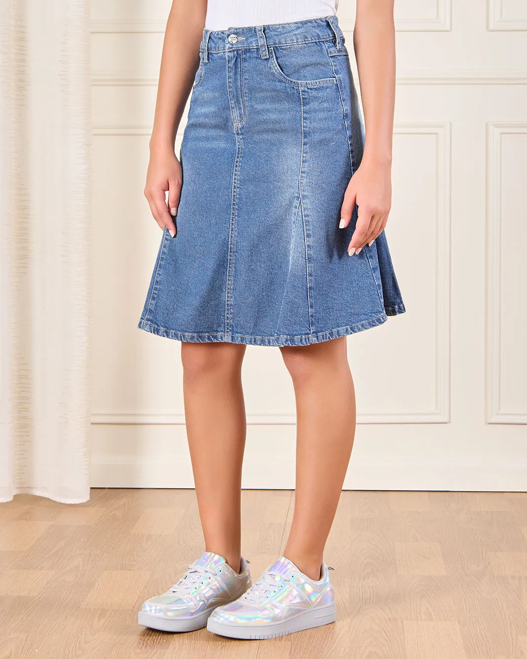 Senior Girls Blue Denim Flared Skirt sold by Redtag