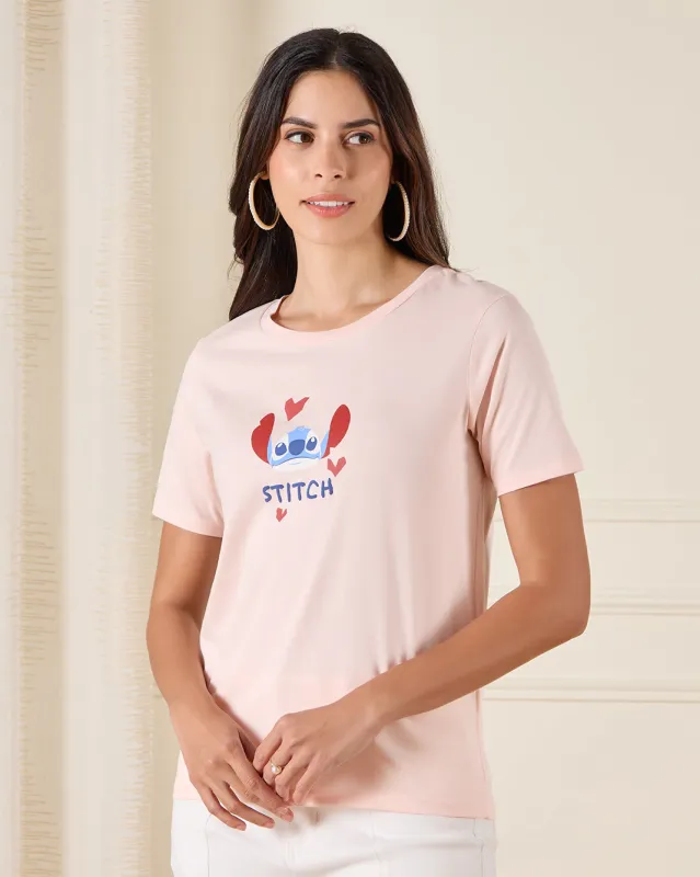 Women Pink Stitch Printed T-Shirt sold by Redtag