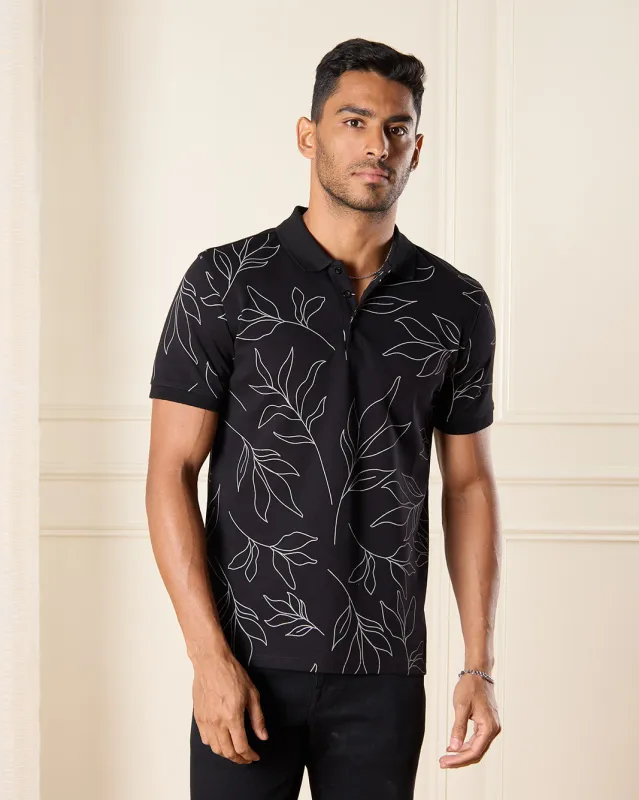 Men Black Leaves Print Polo Shirt sold by Redtag