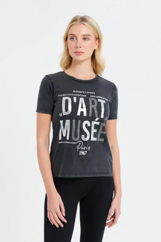 Women Charcoal Embellished T-Shirt sold by Redtag