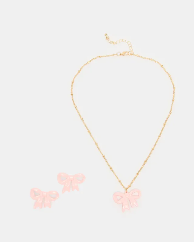 Girls Gold And Pink Embellished Necklace And Earrings Set (3 Piece) sold by Redtag