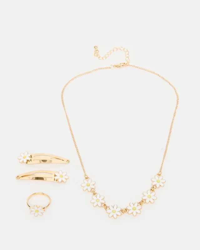 Girls Gold Embellished Necklace And Hair Clip With Ring Set (4 Piece) sold by Redtag