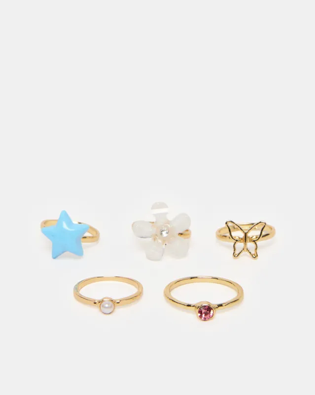 Girls Gold Embellished Ring Set (Pack of 5) sold by Redtag