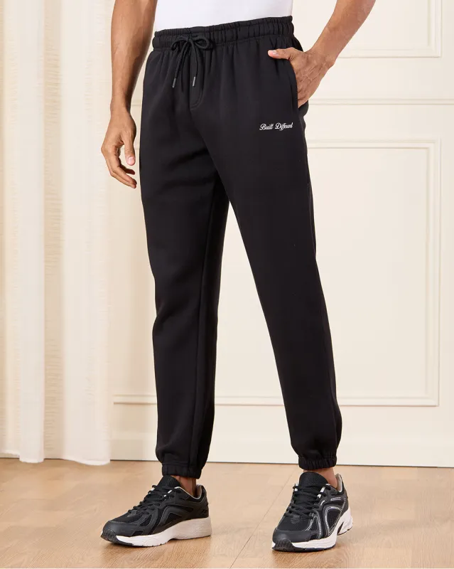 Men Black Basic Track Pants With Logo Print sold by Redtag