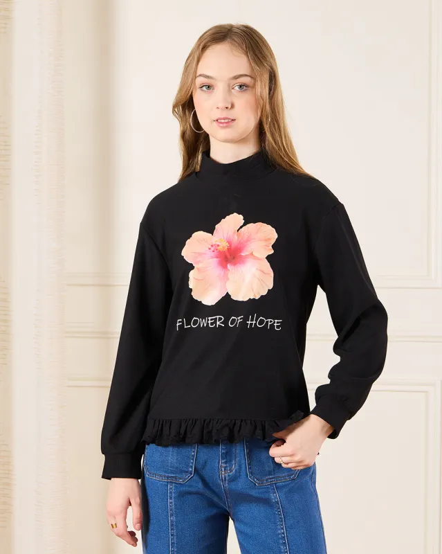 Senior Girls Black High Neck Floral Print Top sold by Redtag