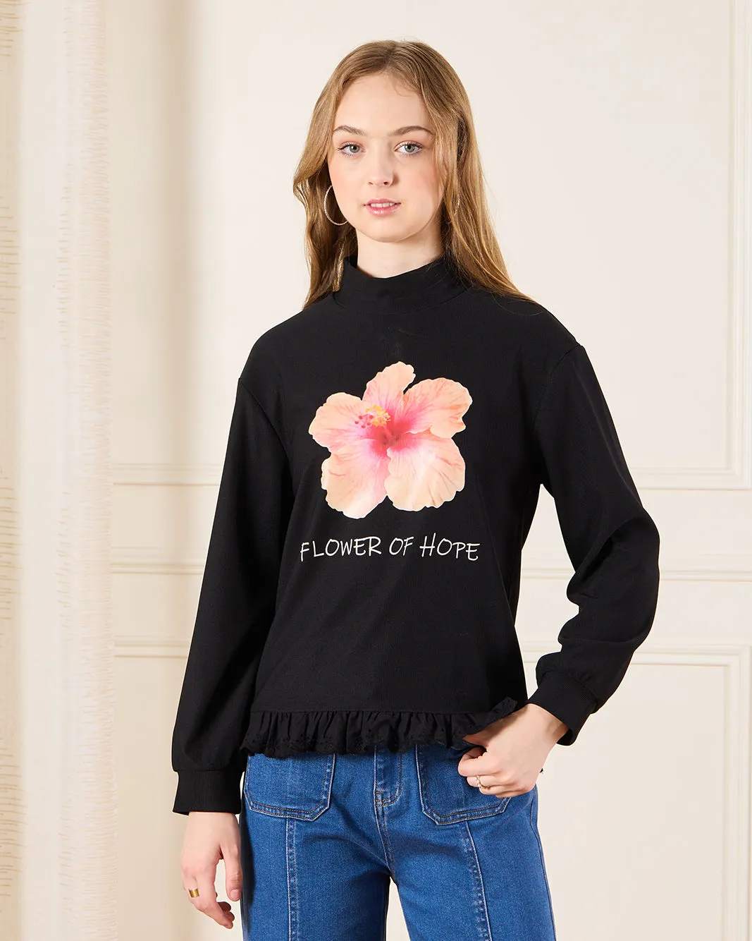 Senior Girls Black High Neck Floral Print Top sold by Redtag