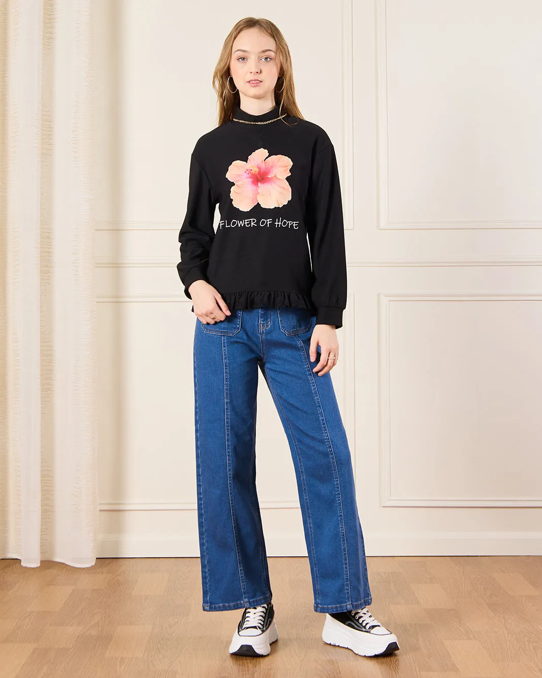 Senior Girls Black High Neck Floral Print Top sold by Redtag product image thumbnail 2