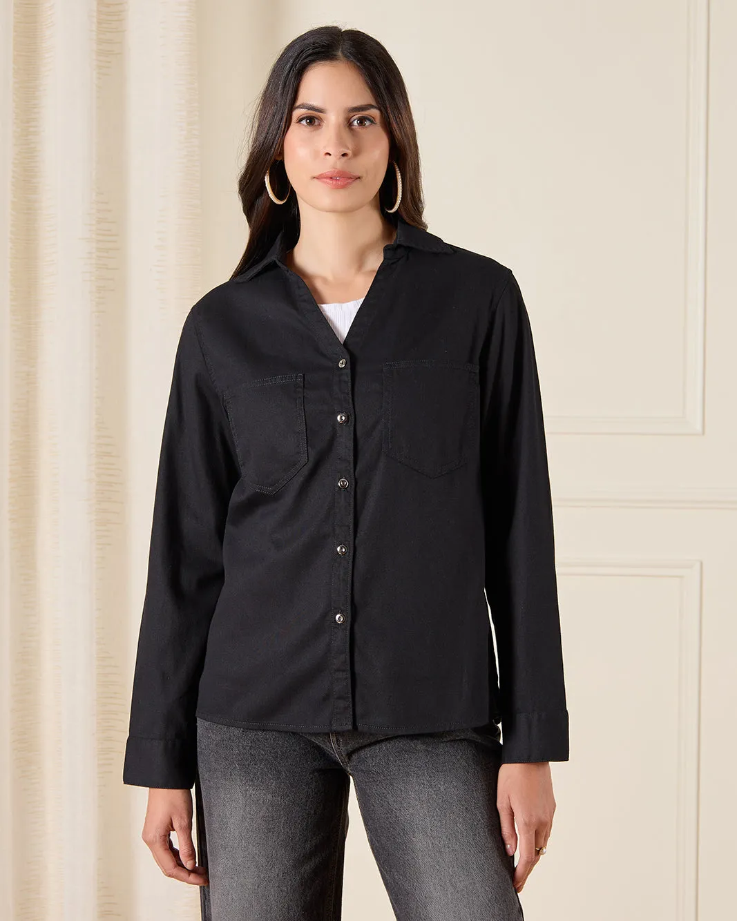 Women Black Denim Button Front Shacket sold by Redtag